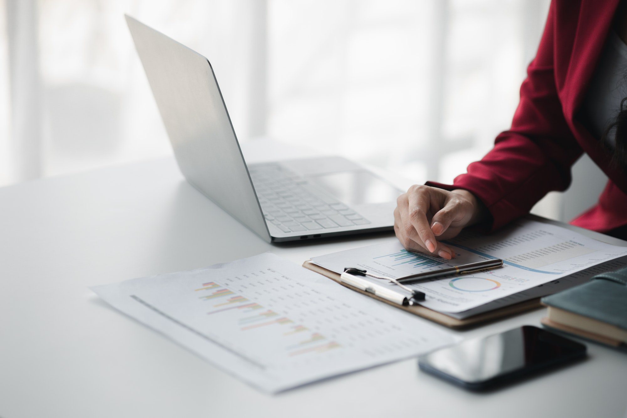 A female financier is reviewing company financial documents, monthly financial statement summary fro