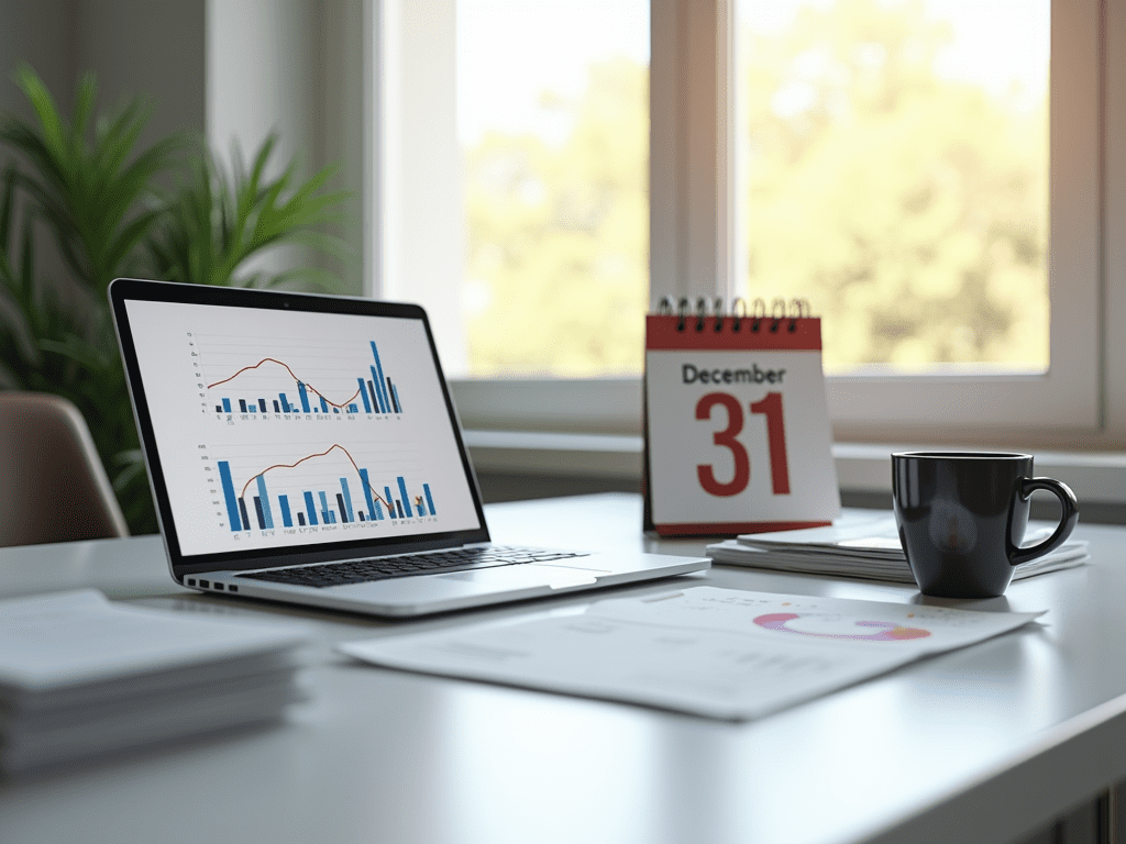 Open laptop displaying financial graphs on a desk with a December 31 calendar, a coffee mug, and organized papers, symbolizing year-end financial planning in a professional office setting.