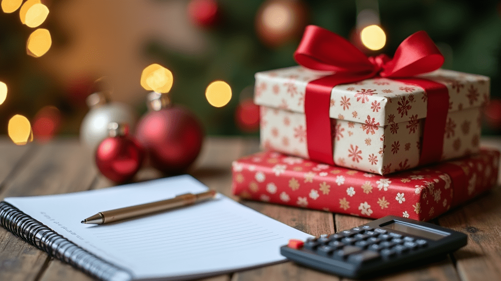 A cozy holiday setting featuring gifts, a budget planner, and a calculator to represent smart holiday spending tips and financial discipline.