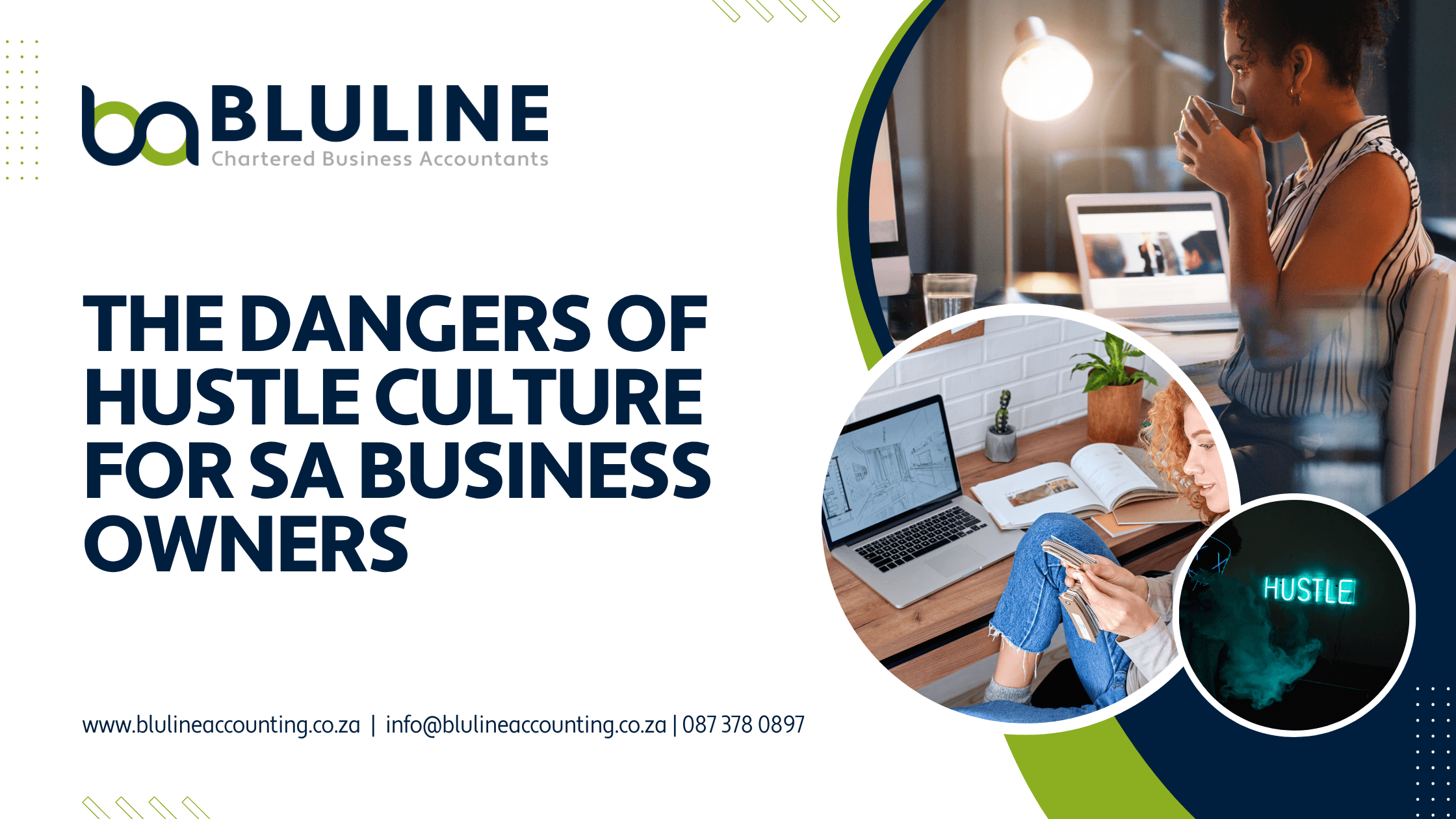 A South African business owner looks stressed while working late, illustrating the dangers of hustle culture for entrepreneurs.